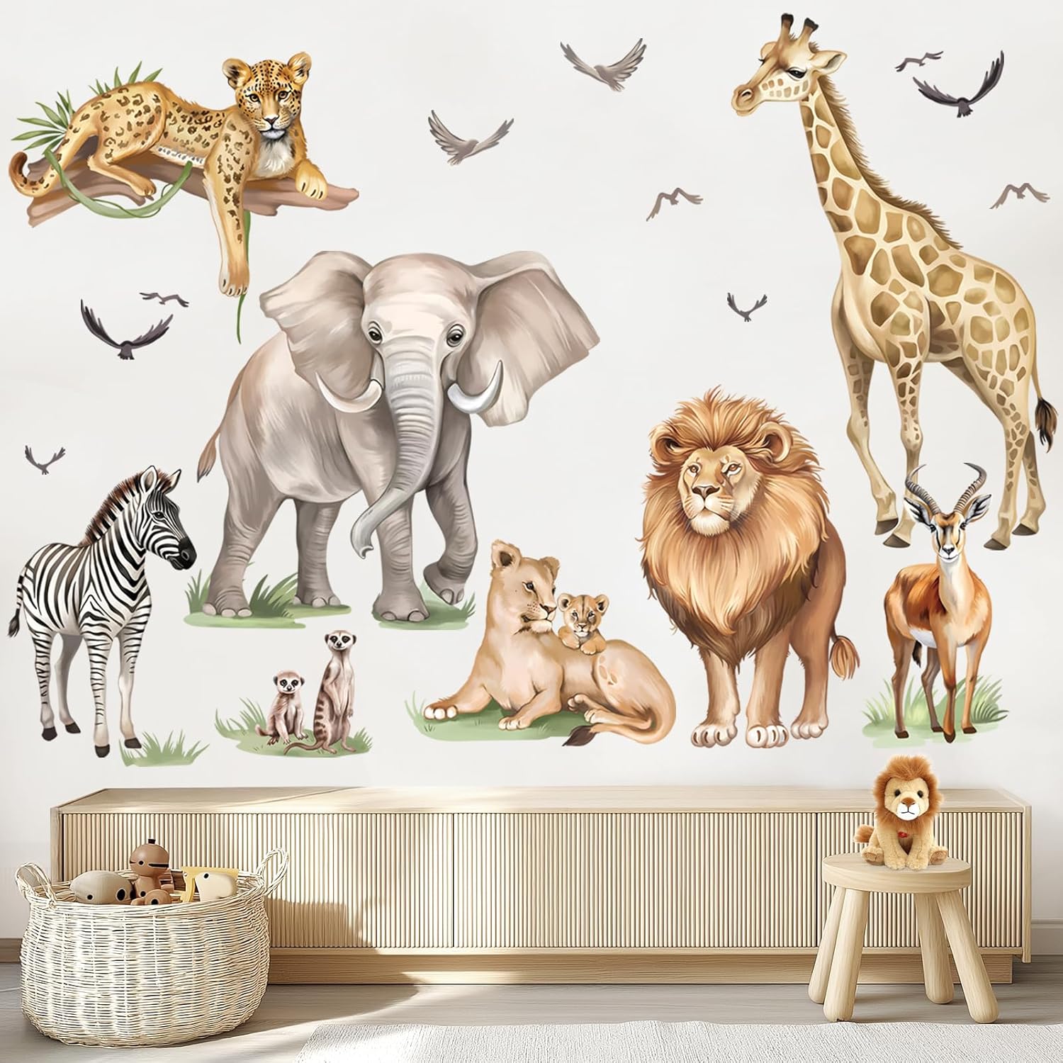 Wondever Safari Animals Wall Stickers Jungle Lion Leopard Giraffe Peel and Stick Art Decals for Kids Room