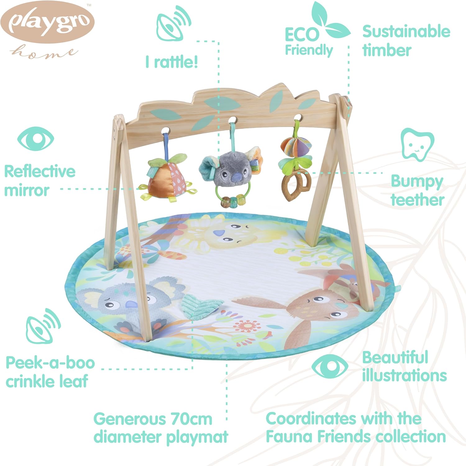 Playgro Fauna Friends Wooden Baby Gym with 3 Hanging Toys