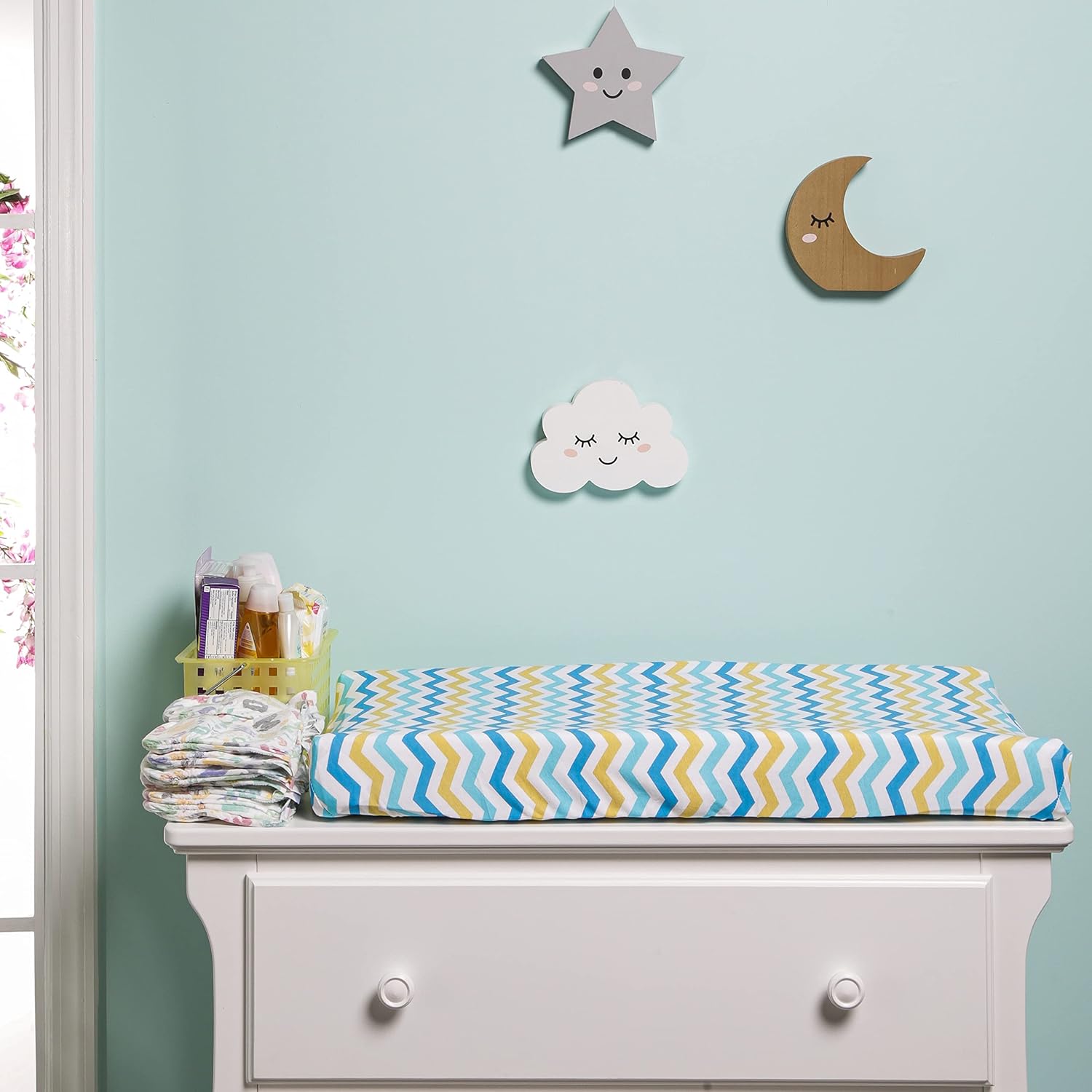 Everyday Kids 2 Pack Baby Changing Pad Covers for Boy - Yellow and Blue Cars Chevron Pattern