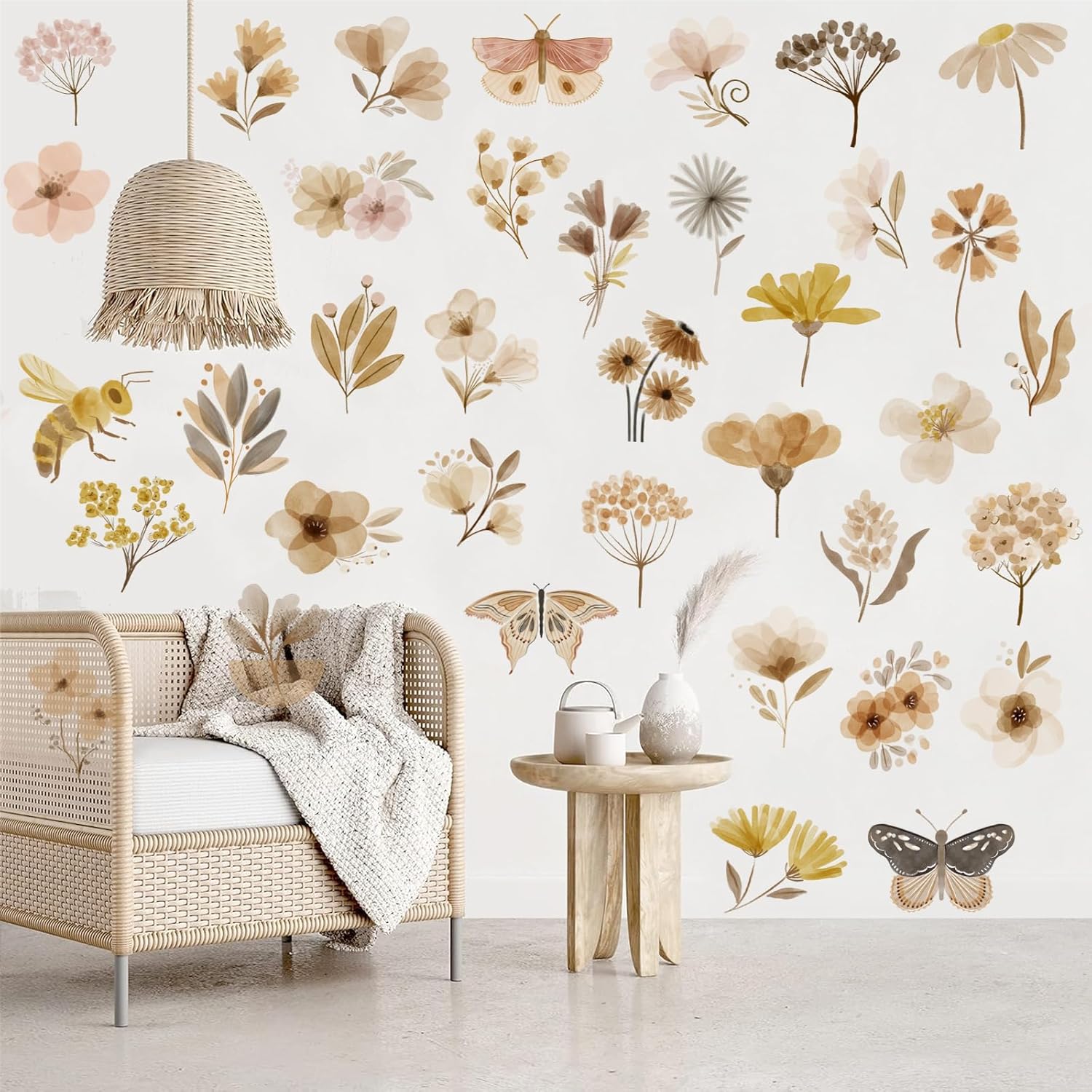 53 Pcs Boho Flower Wall Stickers Vintage Botanical Decor