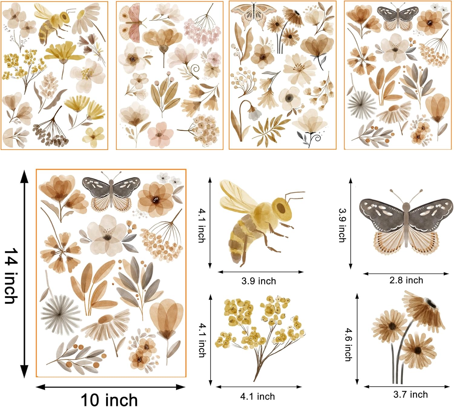 53 Pcs Boho Flower Wall Stickers Vintage Botanical Decor