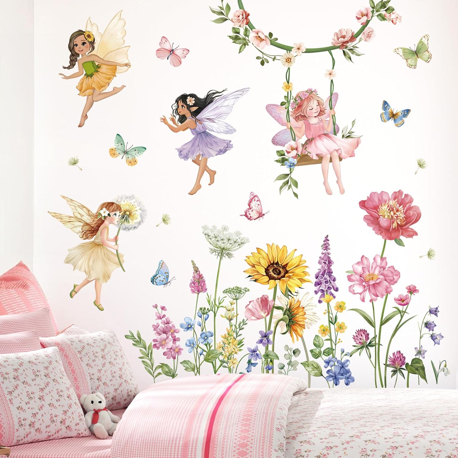 Flower Fairy Wall Decals Butterfly Girl with Wildflower Sunflower Decor Stickers
