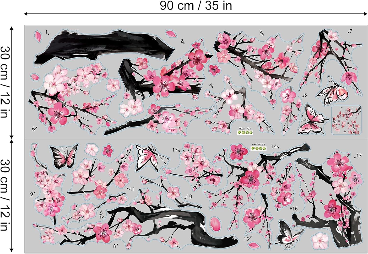 Pink Butterflies and Botanical Plum Blossom Wall Stickers