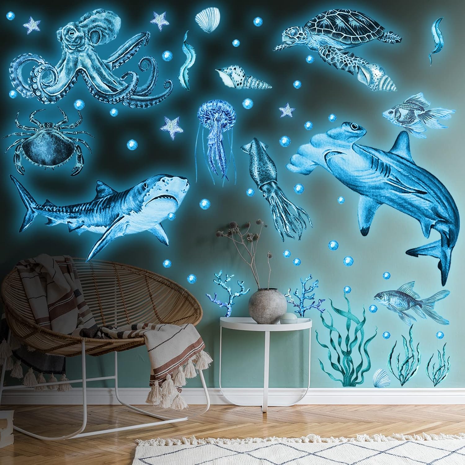 Sabary 4 Piece Glow in the Dark Ocean Wall Decals