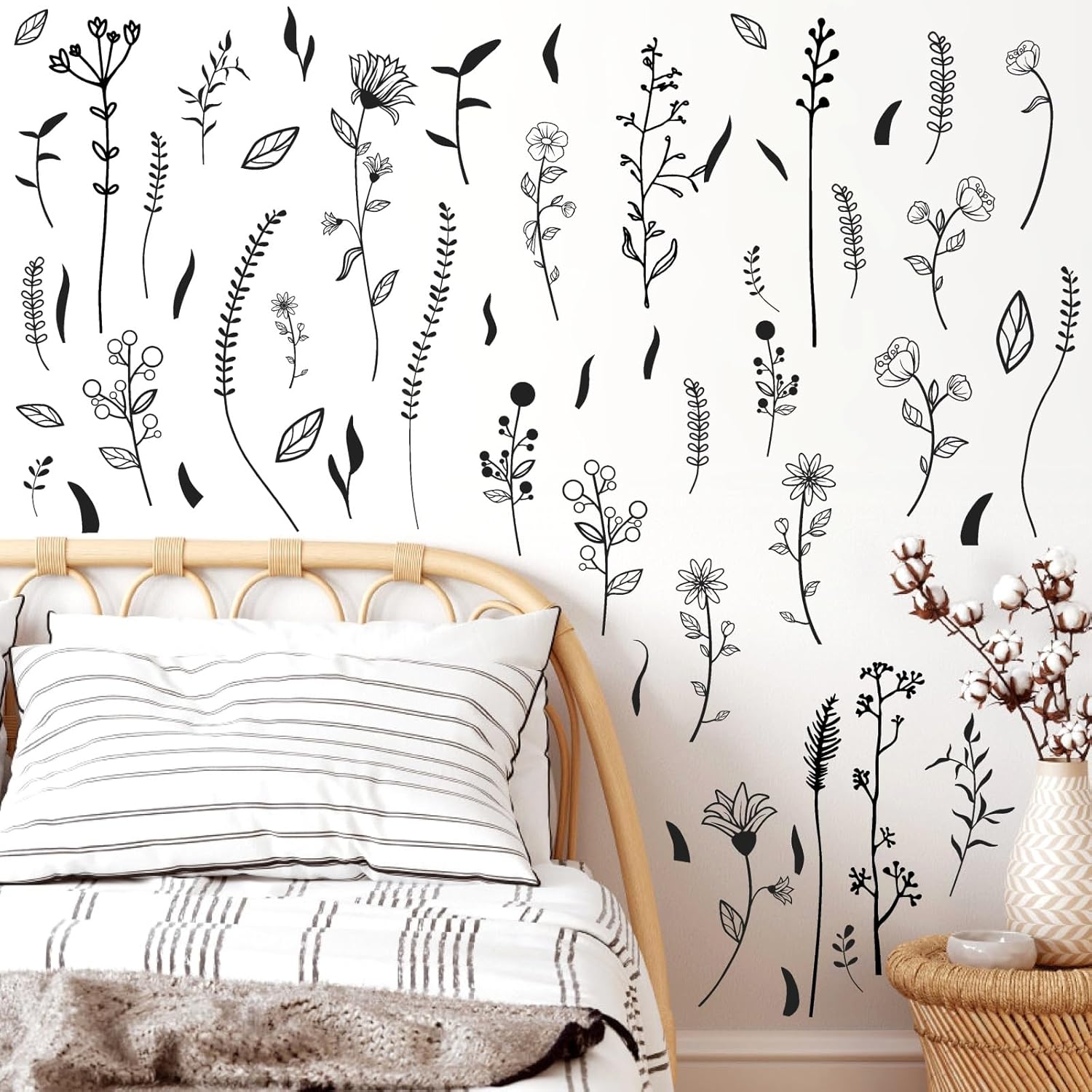 Kazova Black Wildflower Wall Stickers for Kids Room Bedroom Decor