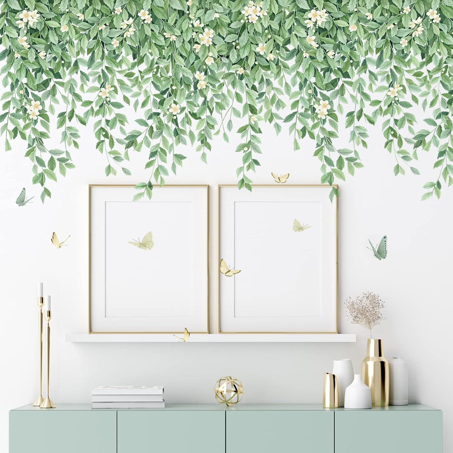 Green Leaf Hanging Vine Wall Decal for Bedroom and Nursery