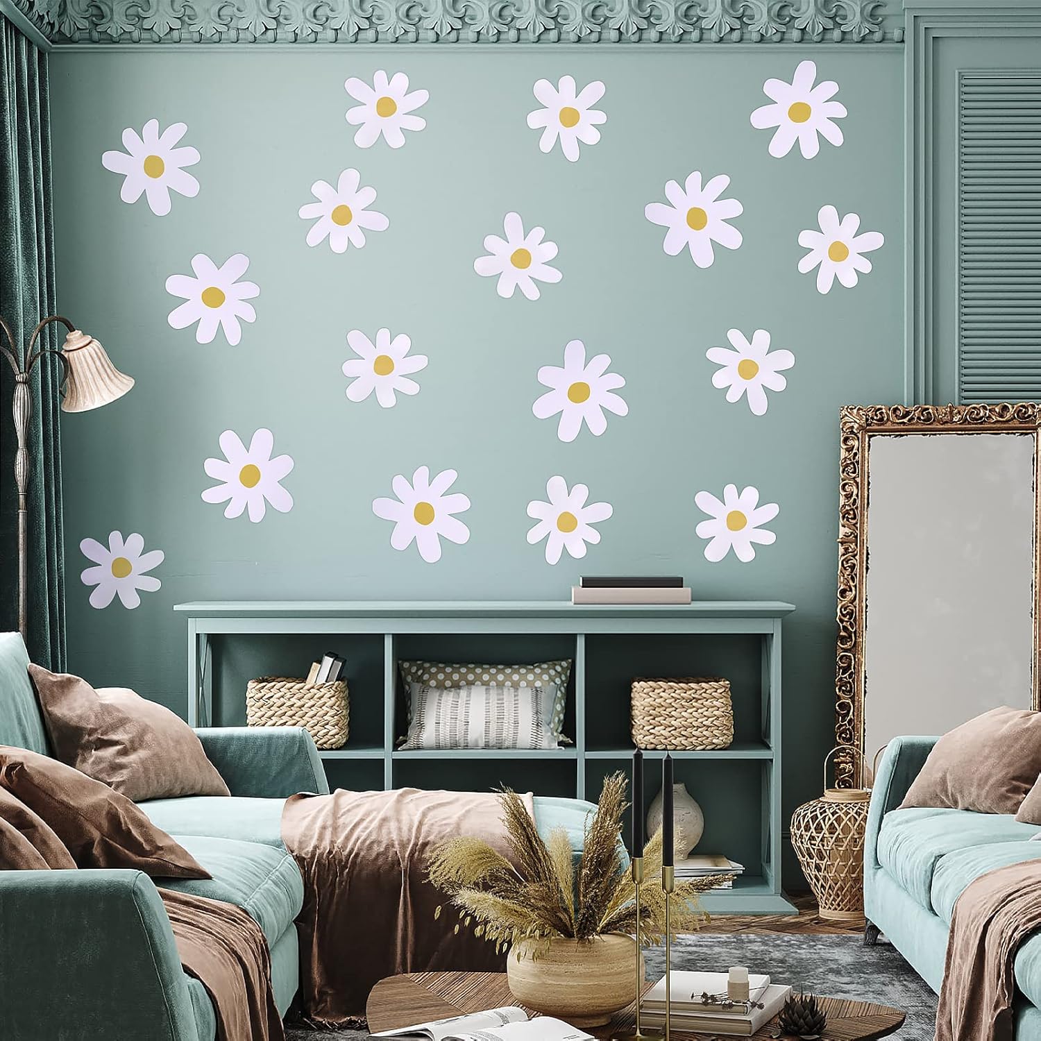 Bremorou 36PCS Retro White Daisy Wall Stickers for Decor