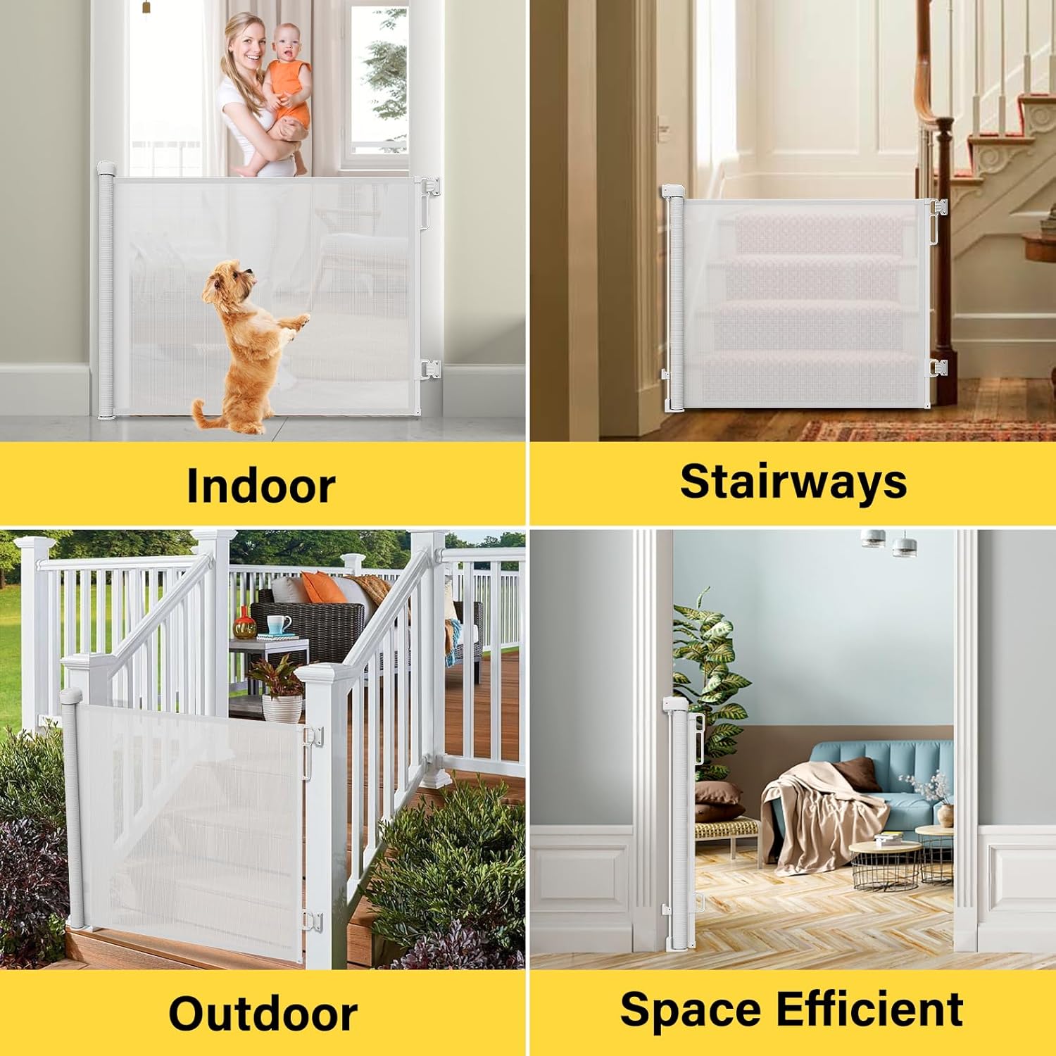 Retractable Baby Gate for Stairs and Doorways 54 Wide 34 Tall Mesh Safety Gate White