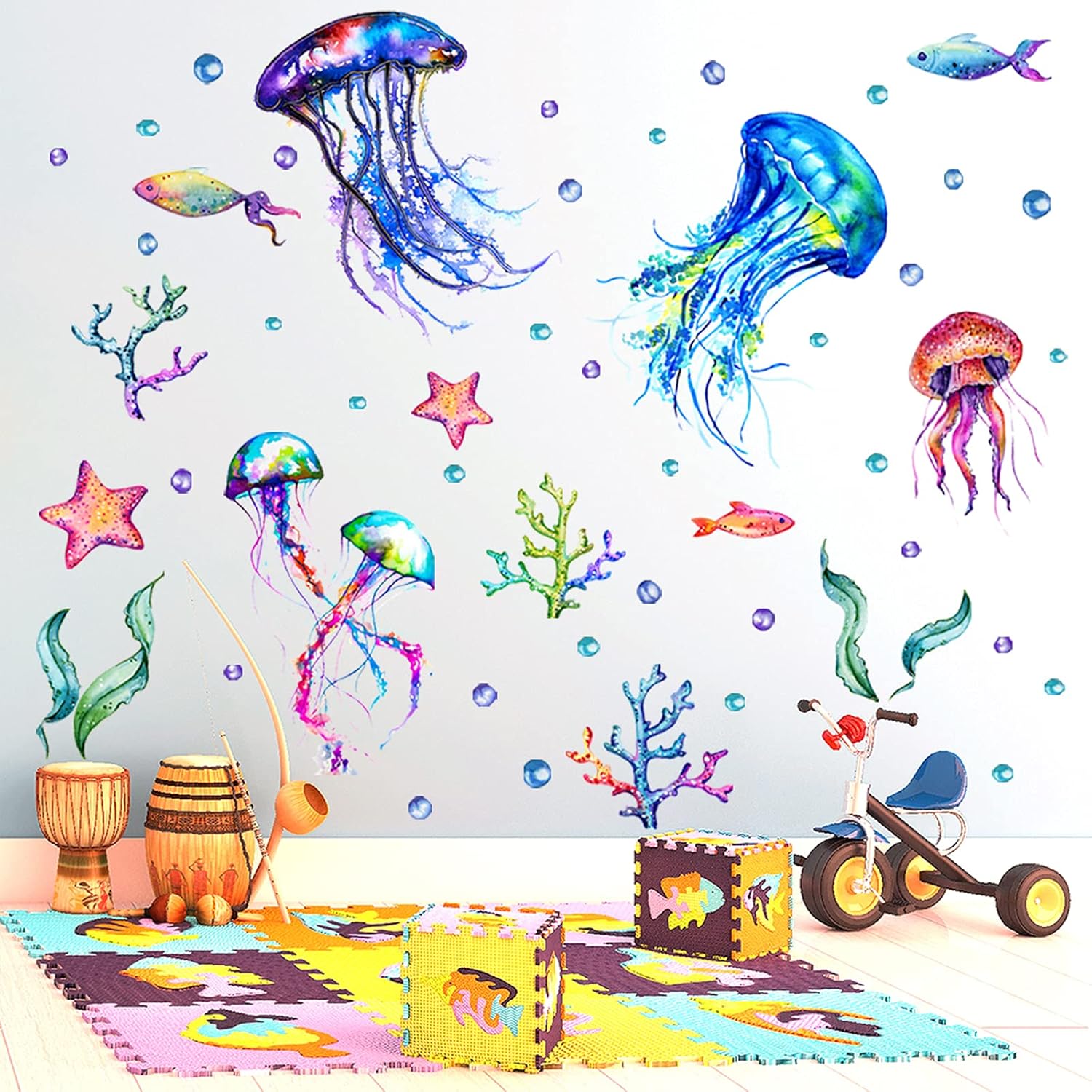 Ocean Jellyfish Wall Decal Vibrant Seaweed Starfish DIY Decor for Kids Room