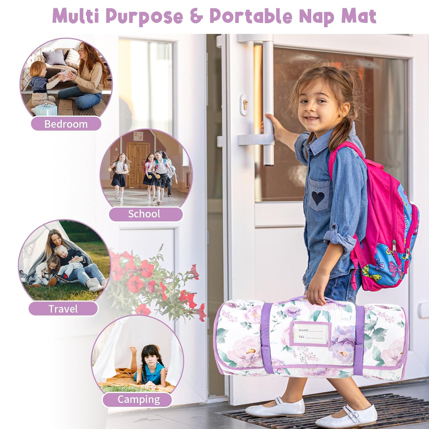 Toddler Nap Mat with Pillow and Minky Blanket Purple