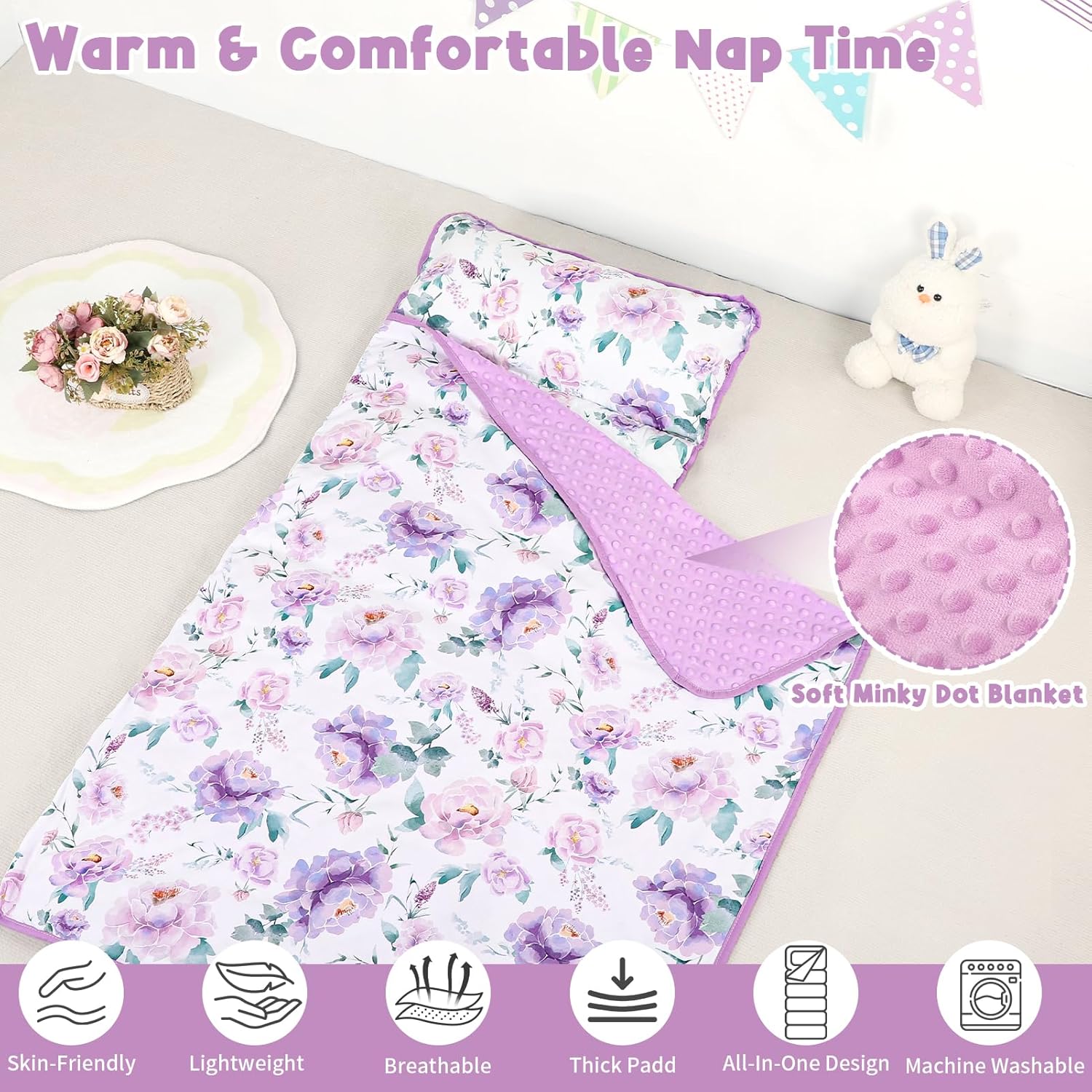 Toddler Nap Mat with Pillow and Minky Blanket Purple