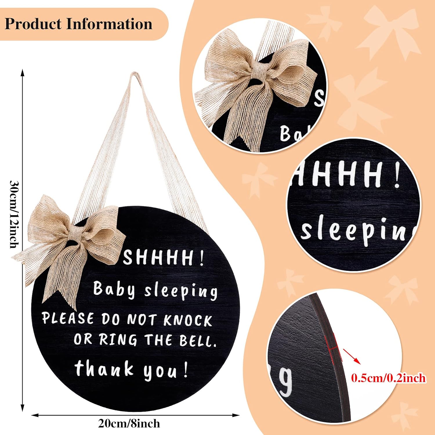 Yalikop Cute Bow Baby Door Sign 10 Inches Round Black