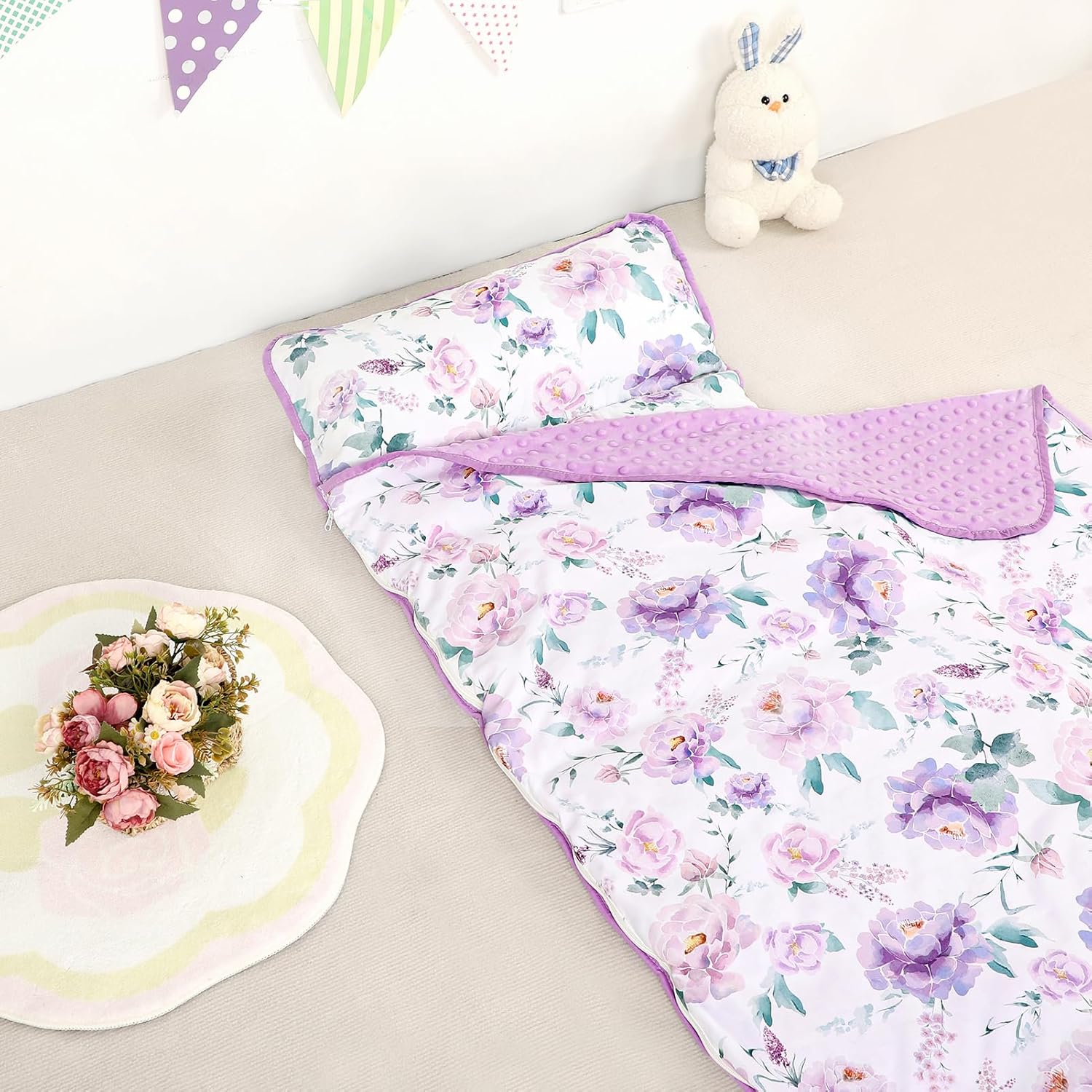 Toddler Nap Mat with Pillow and Minky Blanket Purple