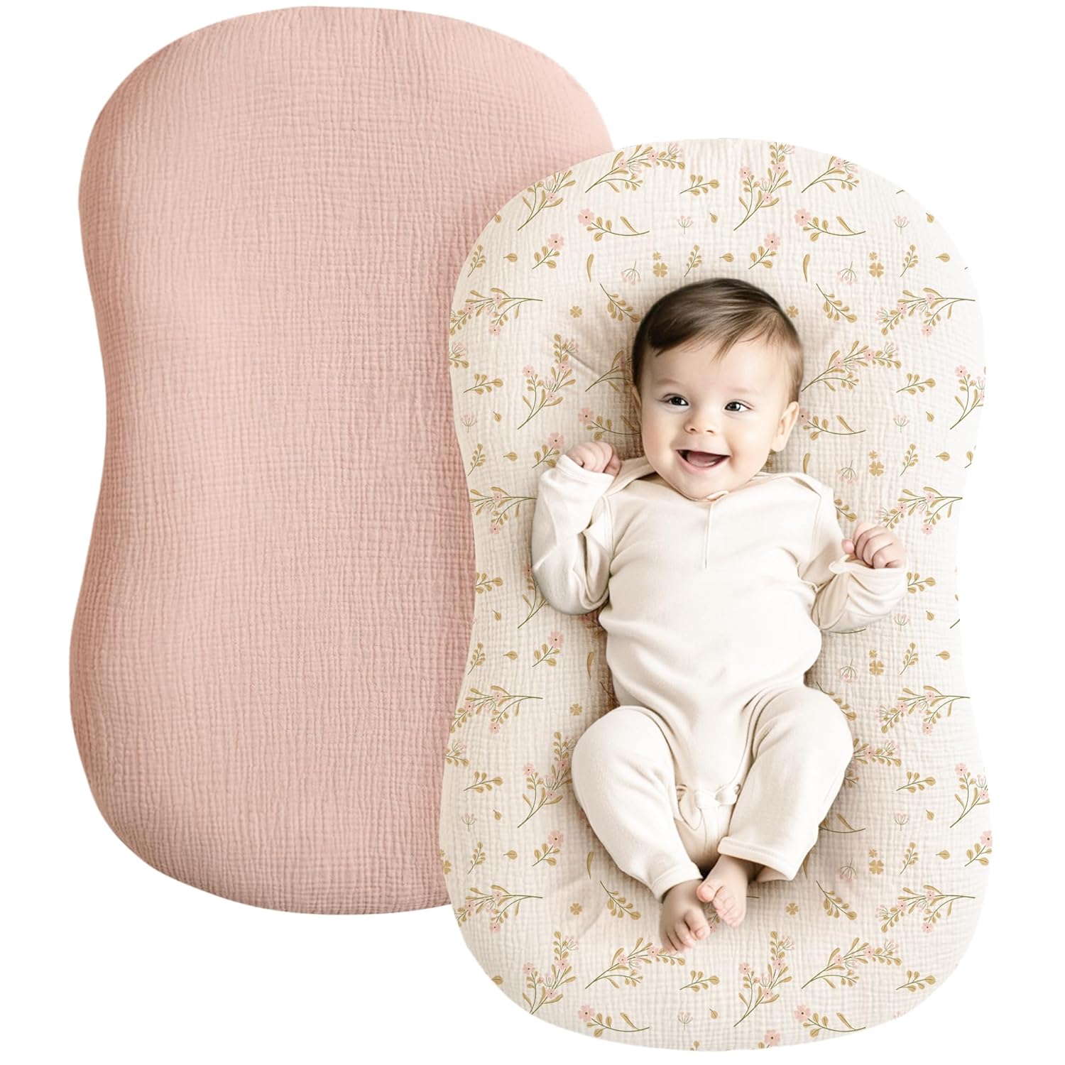 Konssy Muslin Baby Lounger Cover 2 Pack Pink Floral