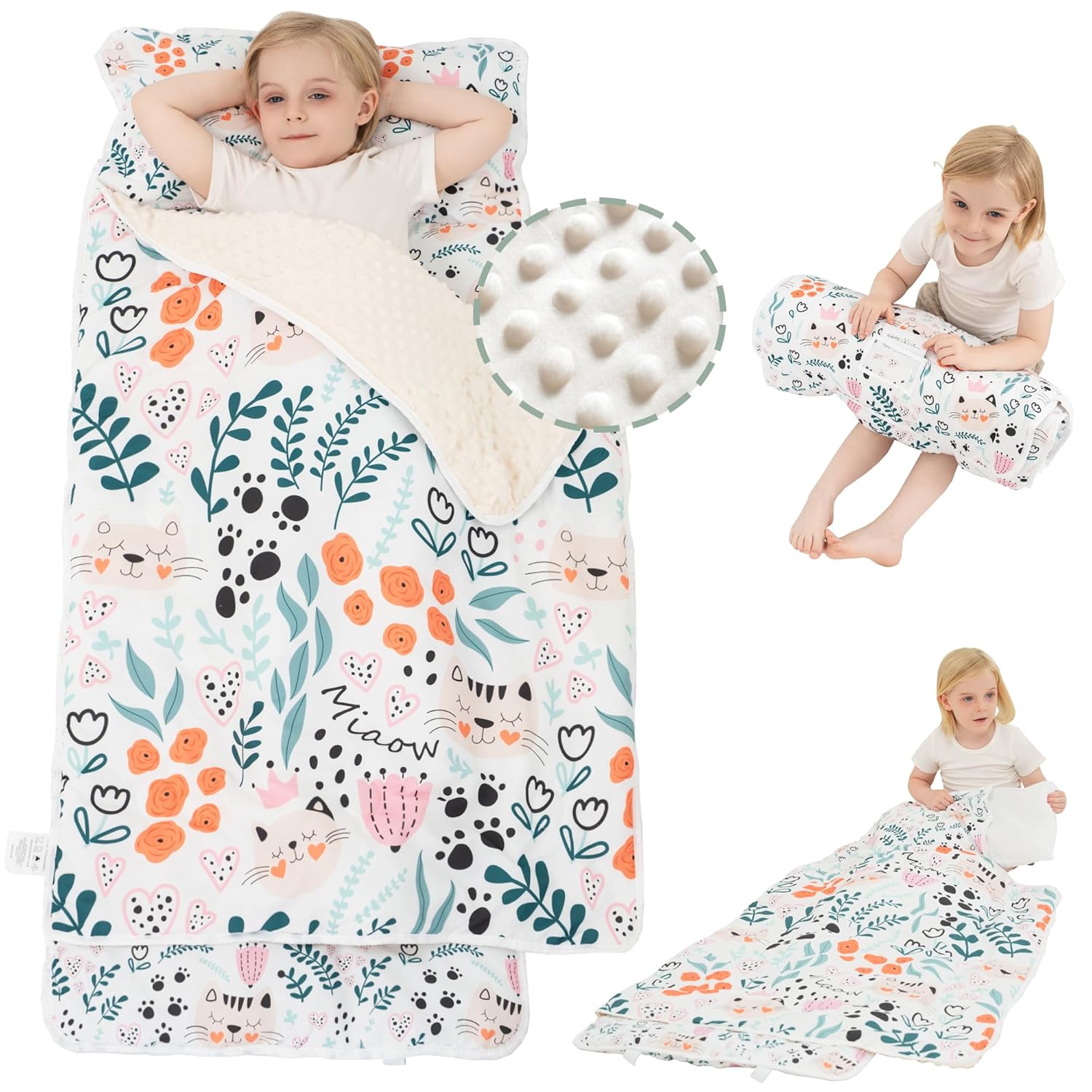 Viviland Toddler Nap Mat with Pillow and Blanket - Cute Cat Design