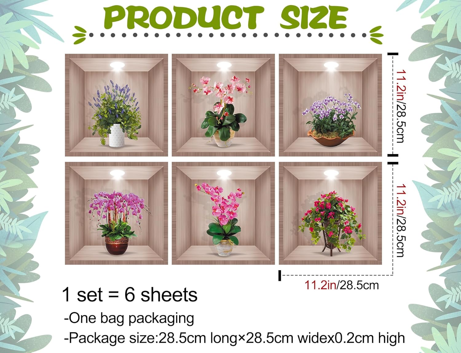 3D Green Plant Wall Decals Set of 6