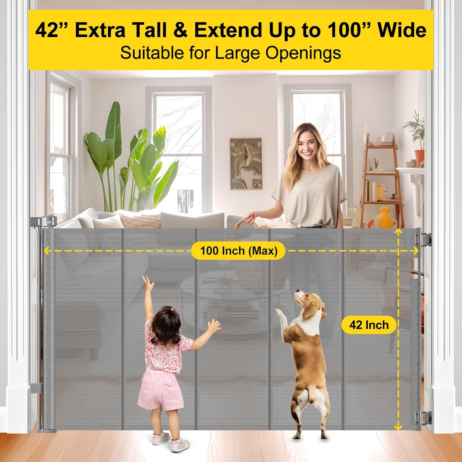 Reinforced 42 Tall x 100 Wide Retractable Baby Gate with Fiberglass Rods