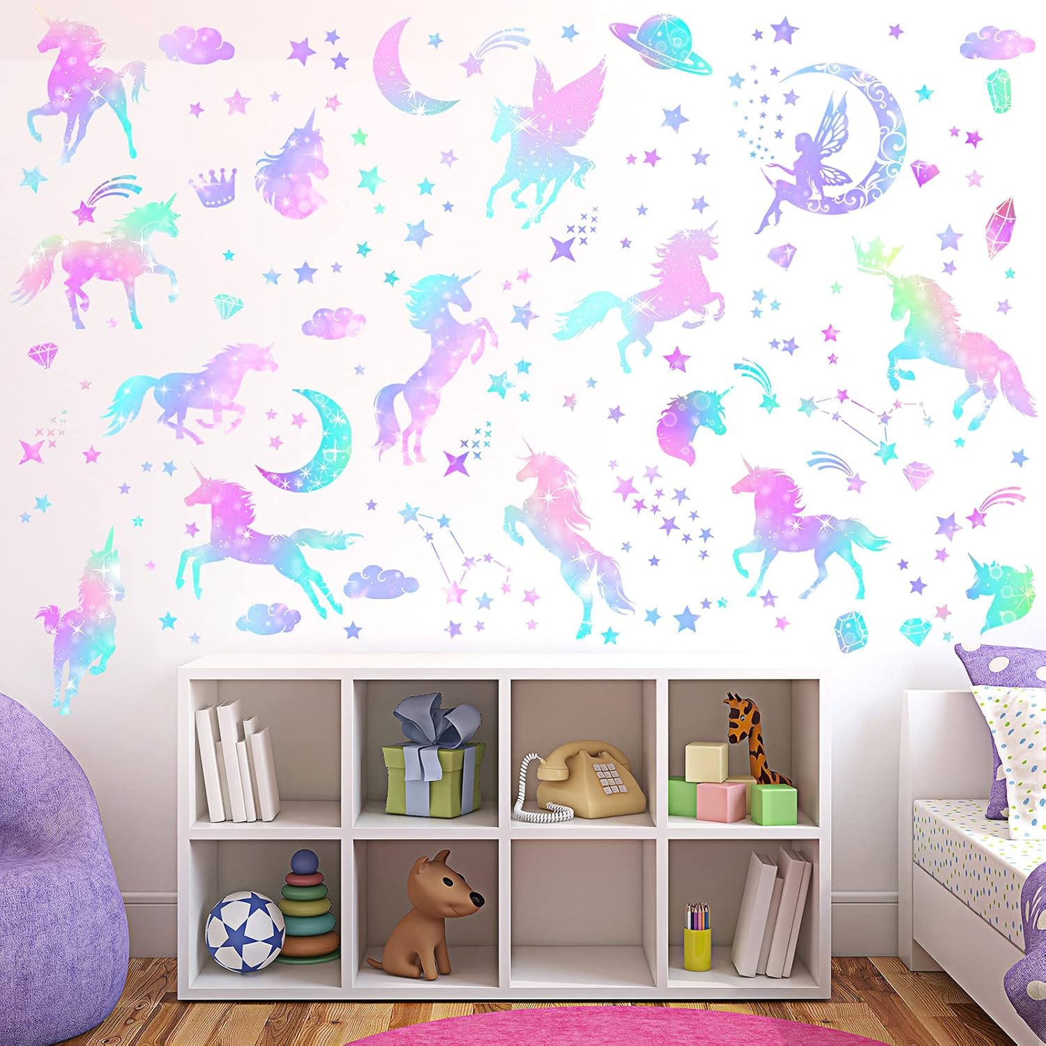 4 Sheets Unicorn Peel and Stick Wall Decal for Bedroom Playroom Living Room Decor