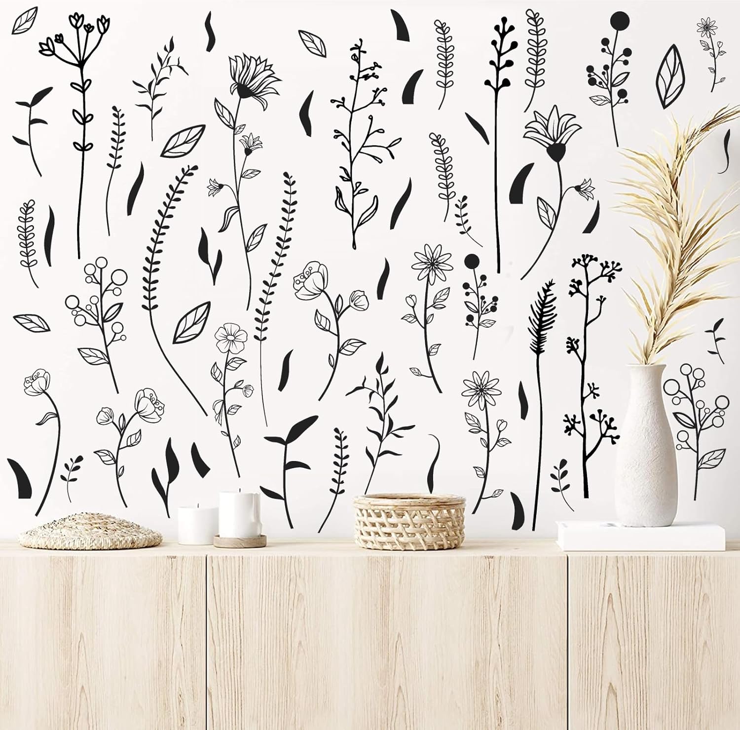 Kazova Black Wildflower Wall Stickers for Kids Room Bedroom Decor