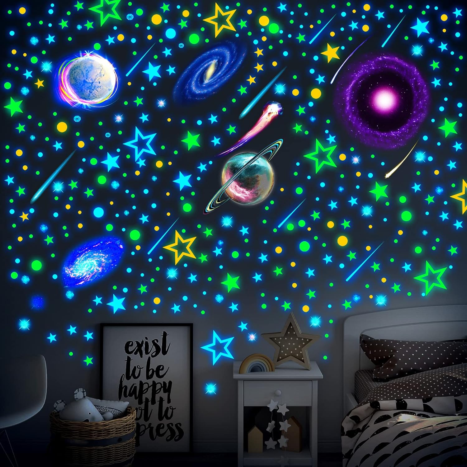 Spakon 495 Pcs Glow in the Dark Moons Stars Wall Decals for Ceiling and Bedroom Decor