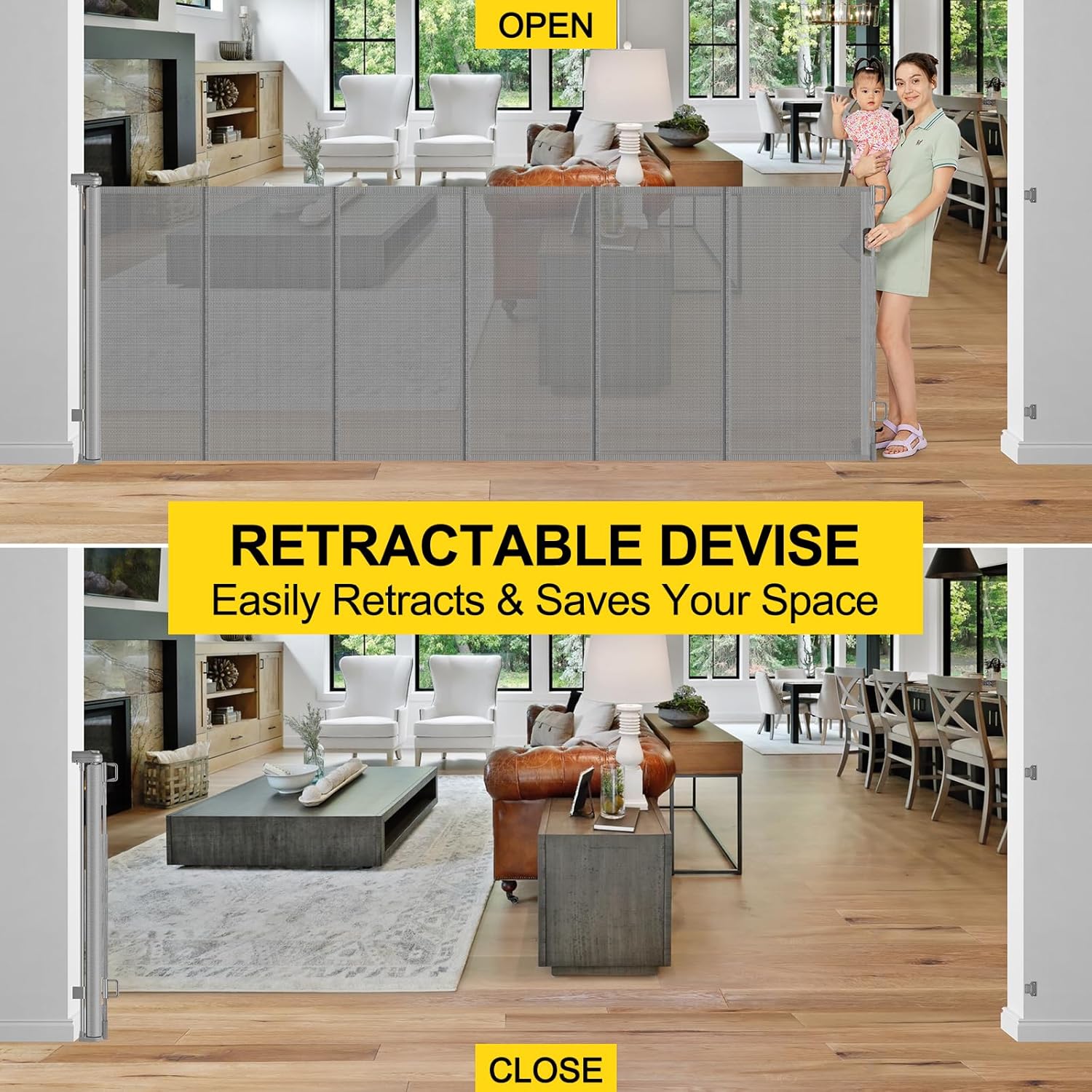 Reinforced 42 Tall x 100 Wide Retractable Baby Gate with Fiberglass Rods