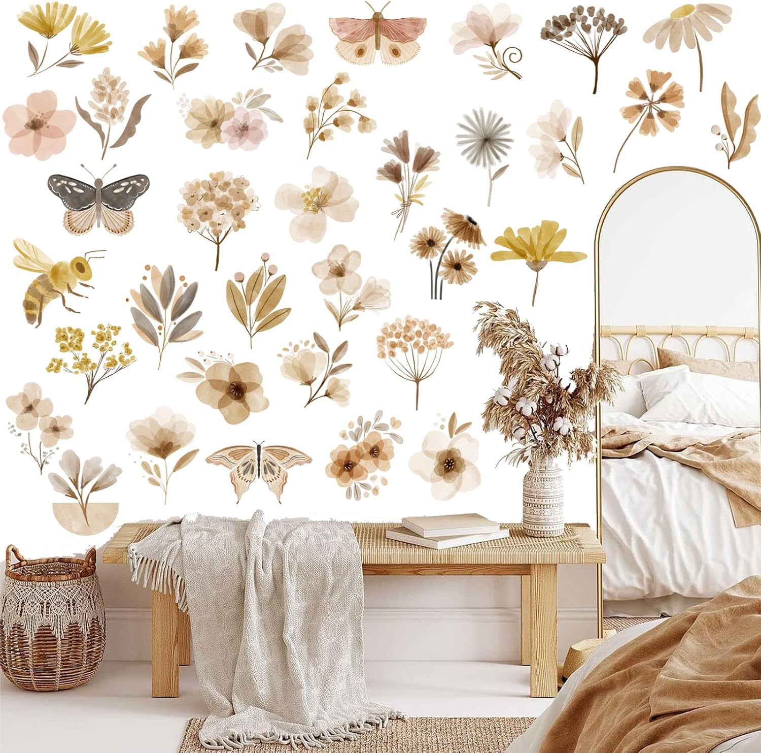 53 Pcs Boho Flower Wall Stickers Vintage Botanical Decor