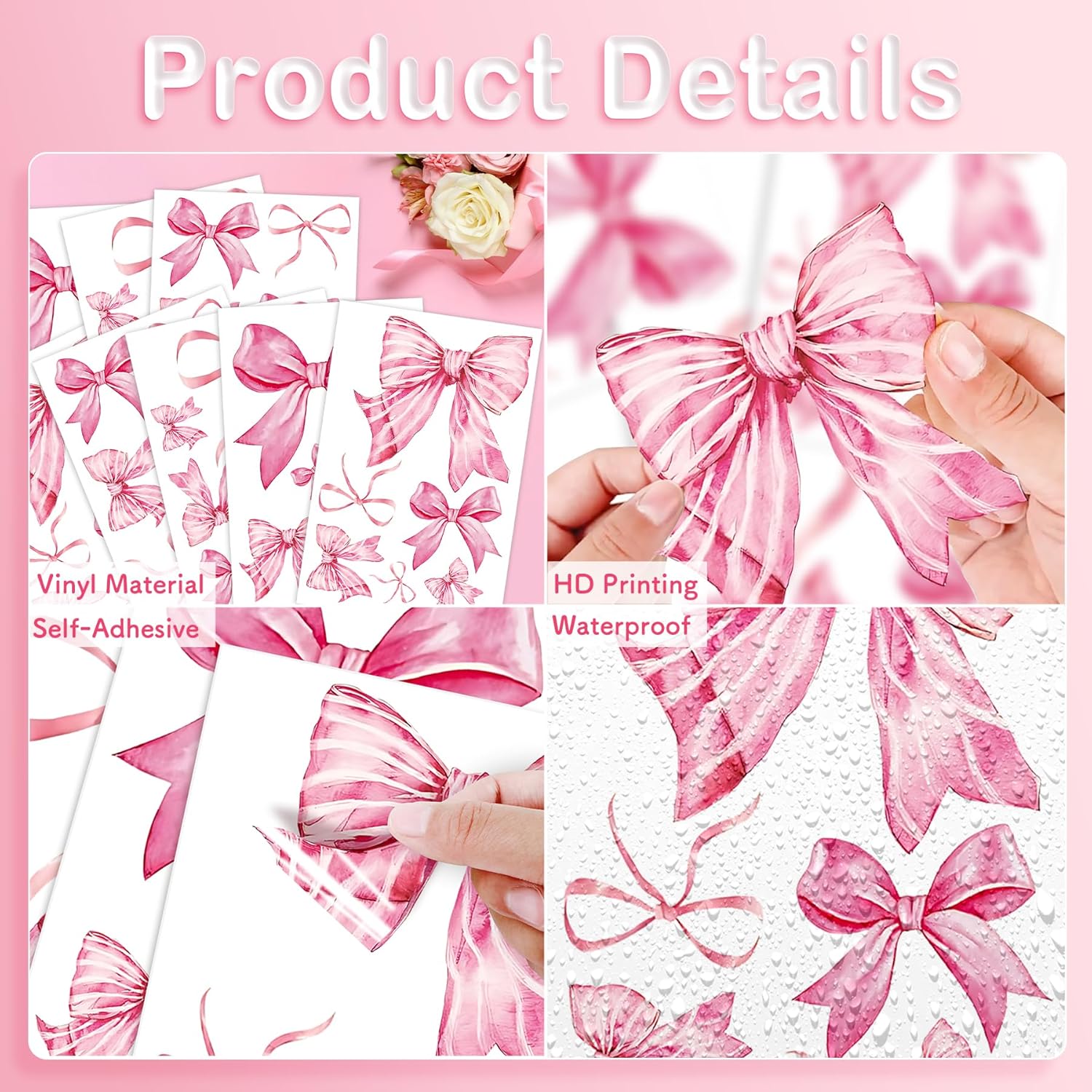 Pink Bow Wall Stickers 8 Sheets 46 Pcs Decor for Nursery and Girls Room