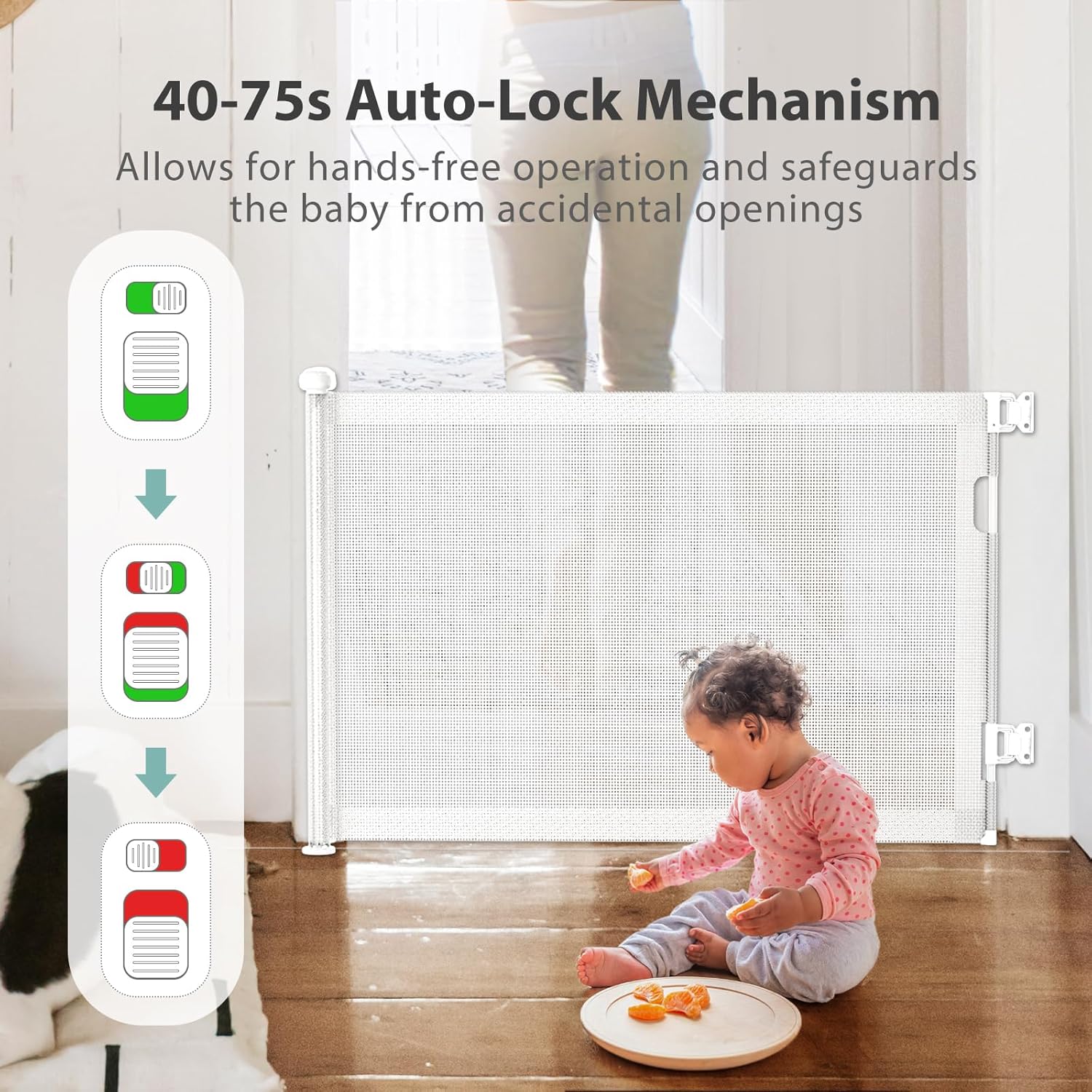 Retractable Baby Gate with Auto-Lock and Double Locking Safety