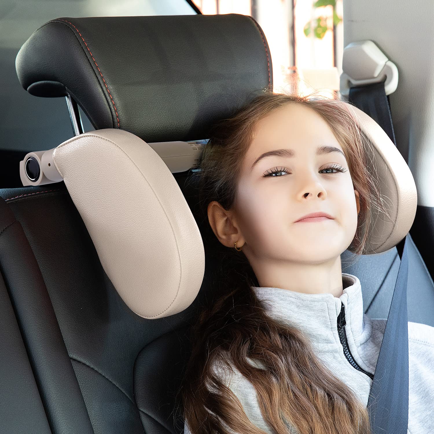 JZCreater Car Headrest Pillow for Adults and Kids Beige
