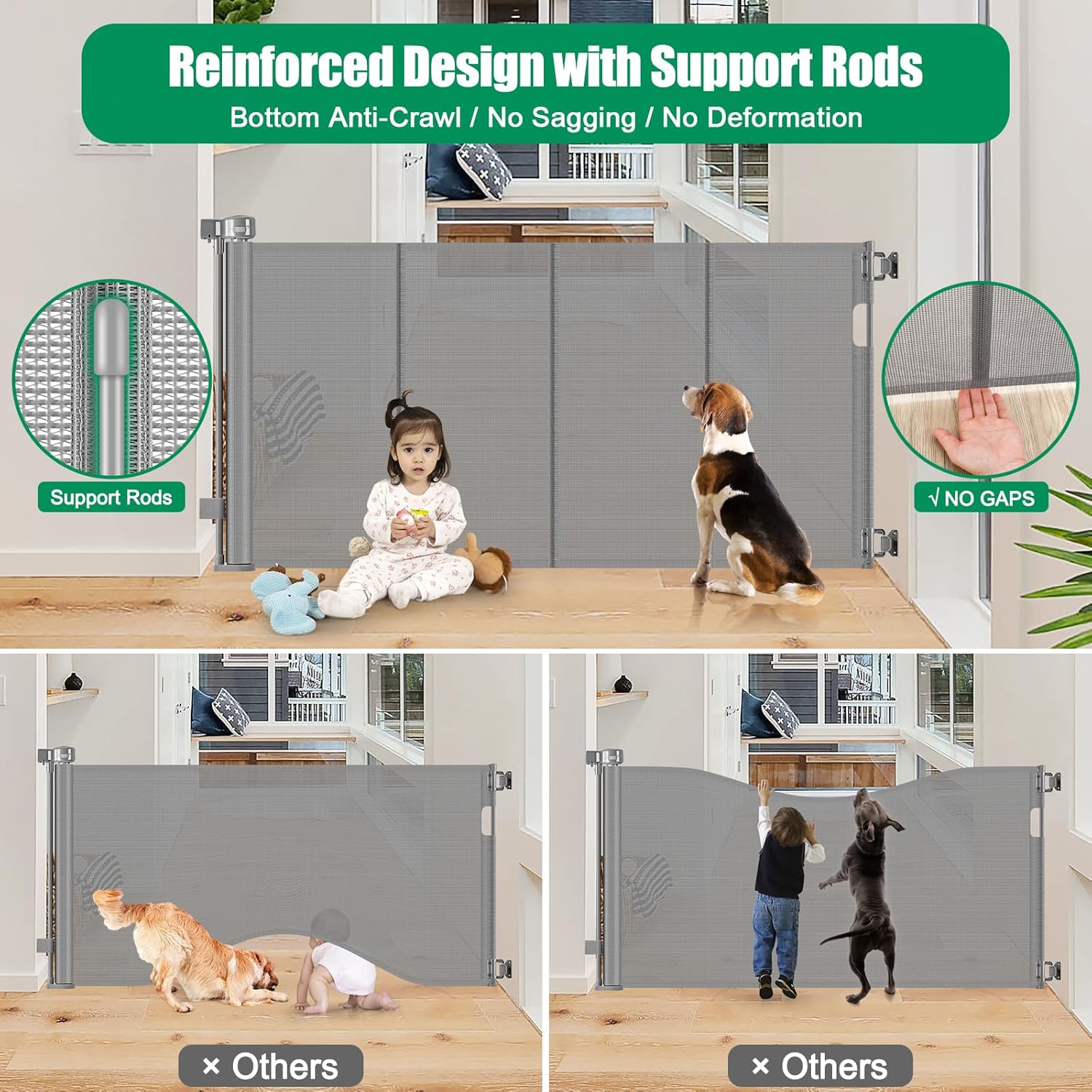 Reinforced Retractable Dog Gate 56 Inch Gray