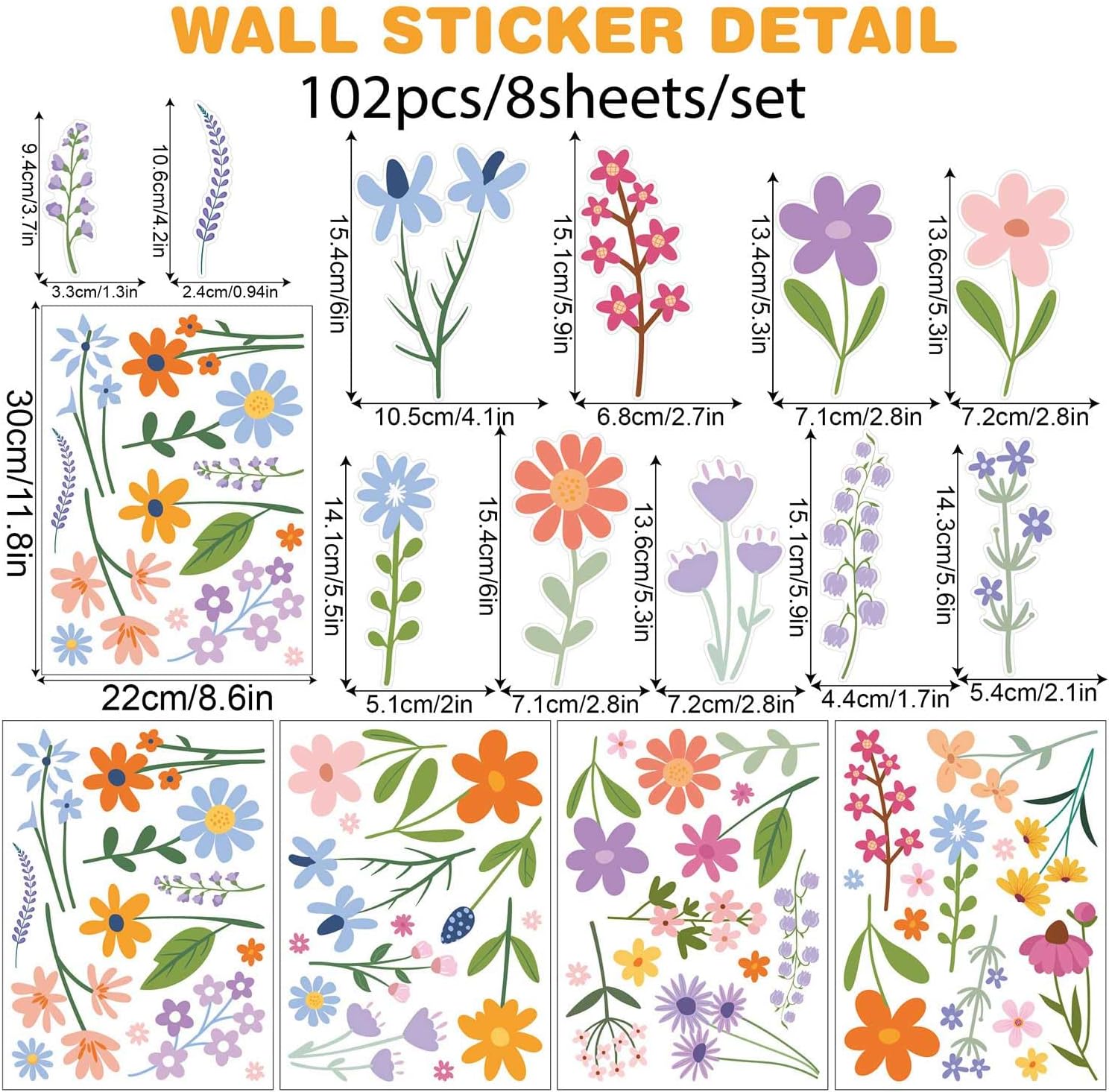 Wild Flower Wall Decals - 102 Pcs Garden Theme Stickers for Home Decor