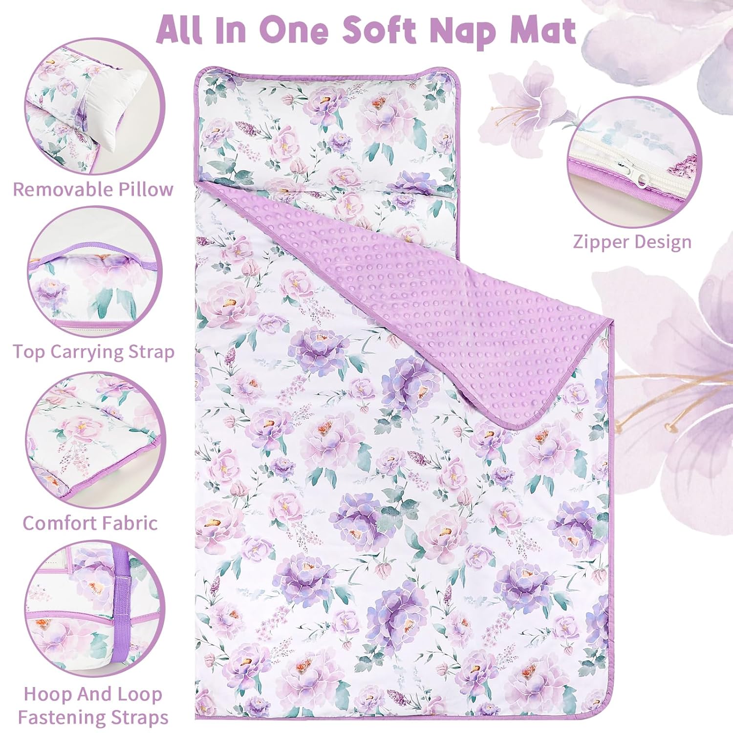 Toddler Nap Mat with Pillow and Minky Blanket Purple