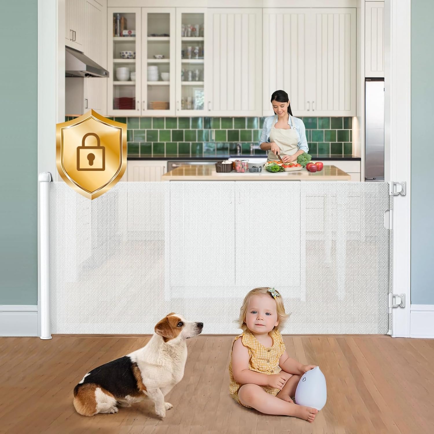 Retractable Baby Gate with Auto-Lock and Double Locking Safety