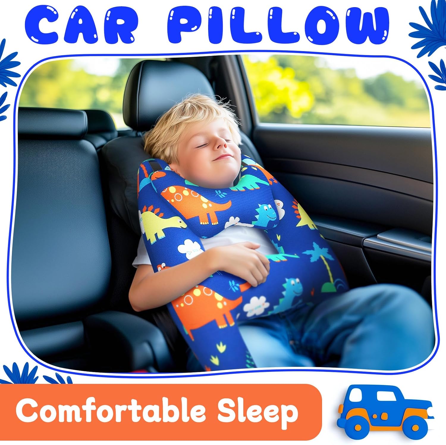 Viscogrip H-Shape Car Pillow for Kids Blue Dinosaur