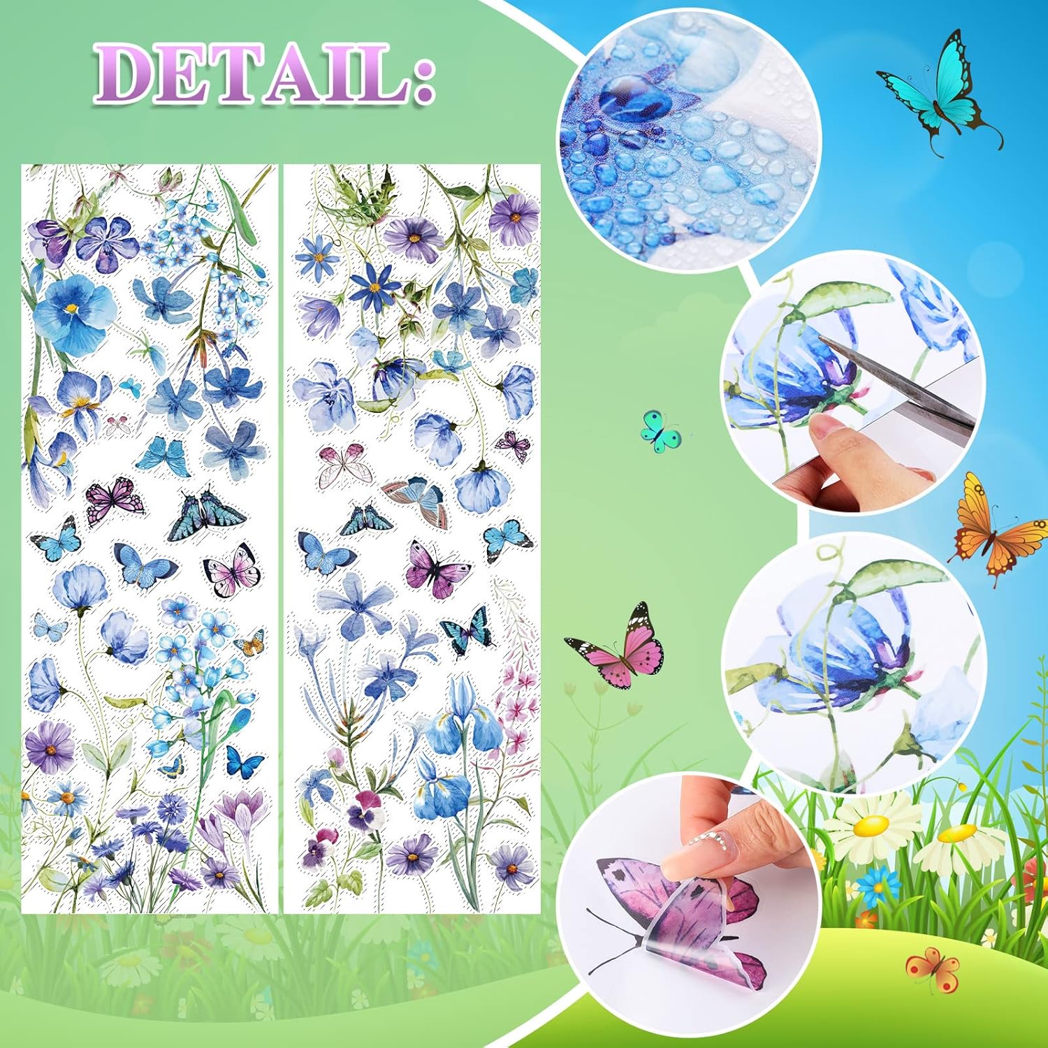 2 Sheets Blue Flower Wall Decals for Girls Bedroom Decor