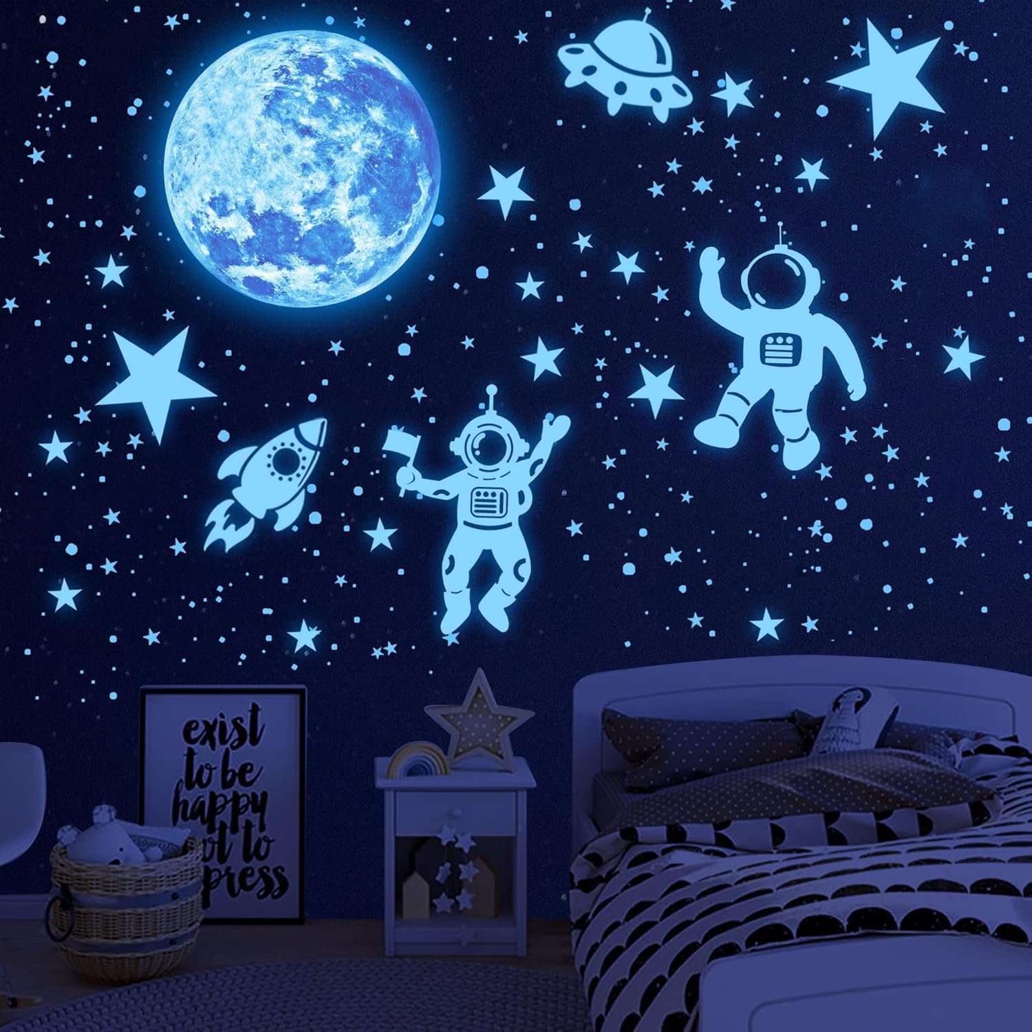 Glow in The Dark Stars Ceiling Moon Planet Wall Sticker for Kids Bedroom Blue