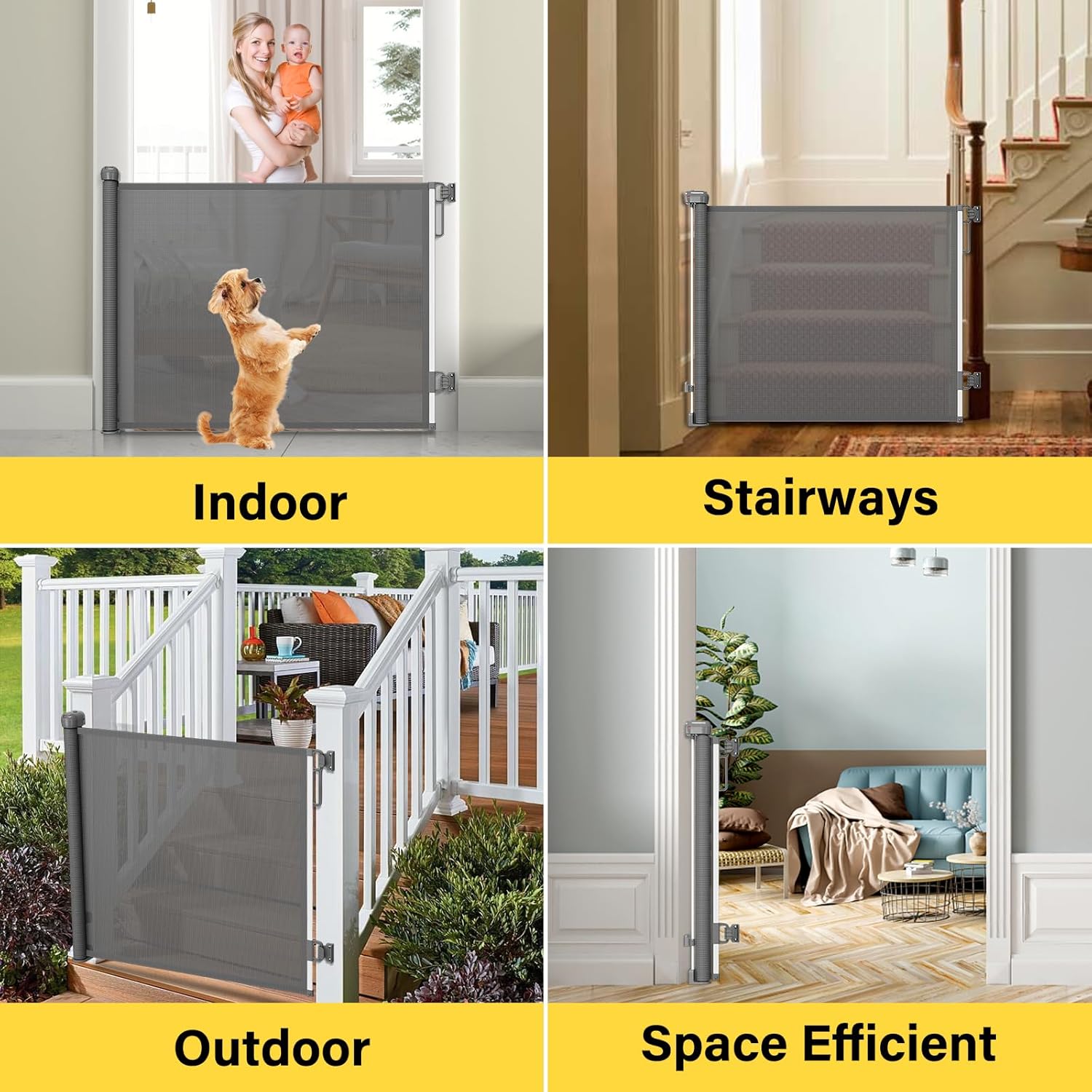 Retractable Baby Gate for Doorways and Stairs Grey