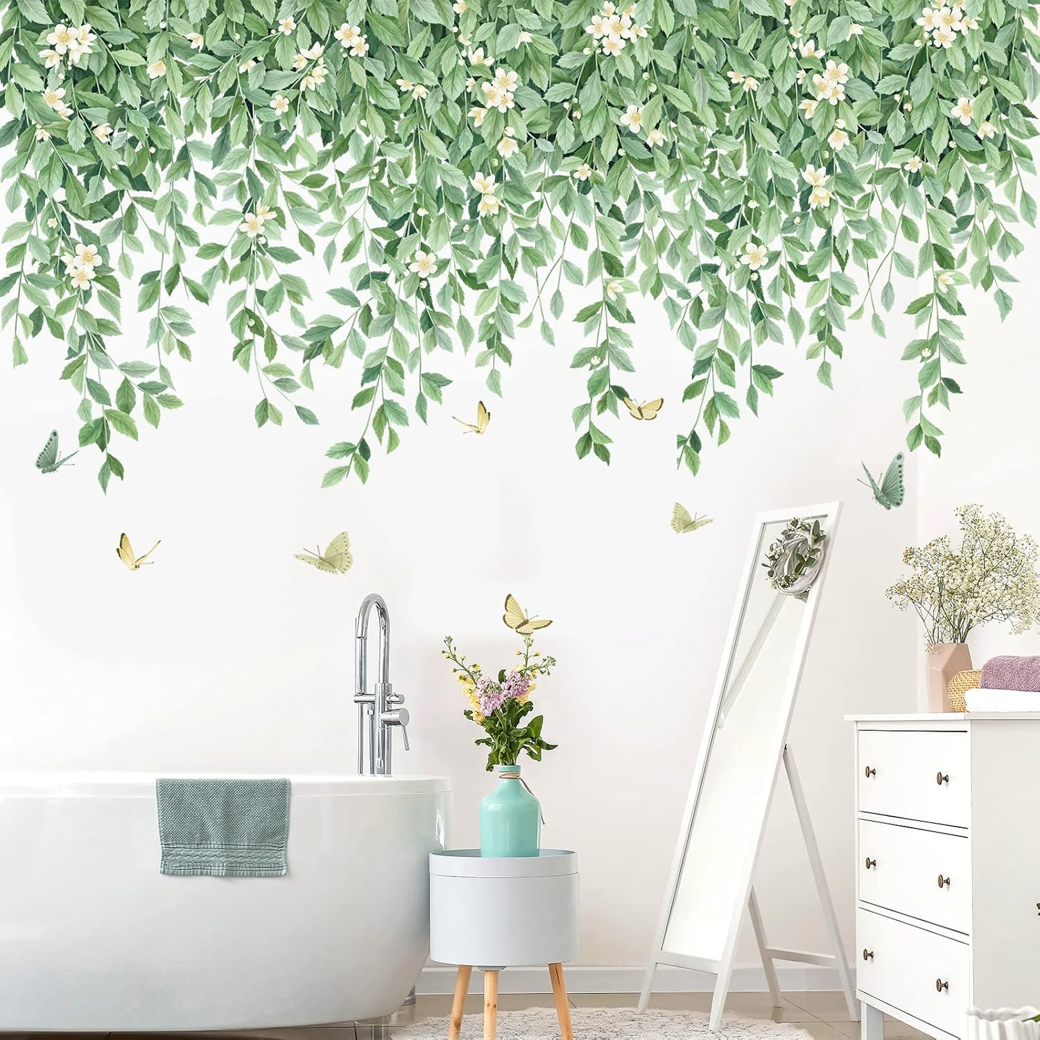 Green Leaf Hanging Vine Wall Decal for Bedroom and Nursery