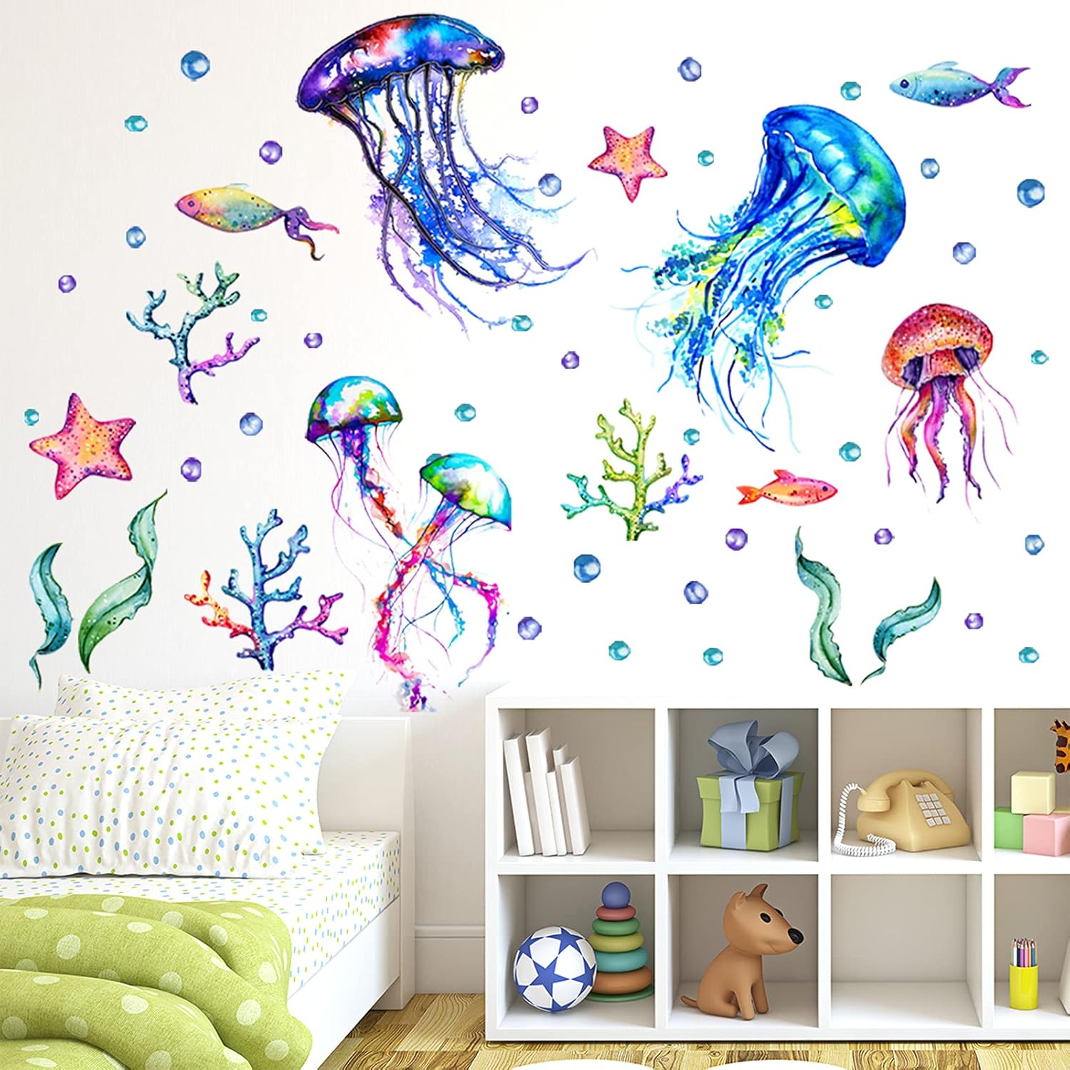 Ocean Jellyfish Wall Decal Vibrant Seaweed Starfish DIY Decor for Kids Room