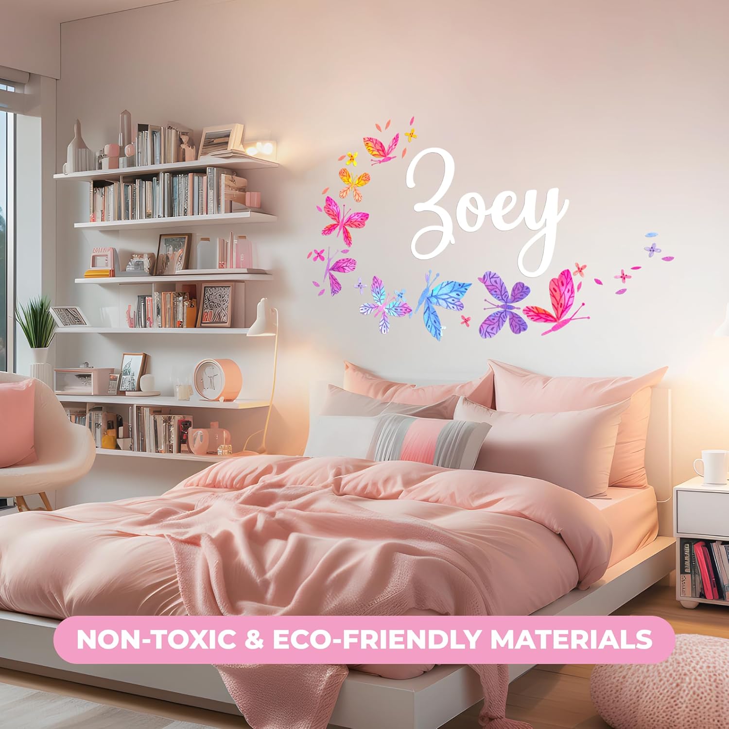 Personalized Name Wall Decals for Girls Bedroom - Butterfly Pink Room Decor with Rainbow Choices - Multiple Sizes