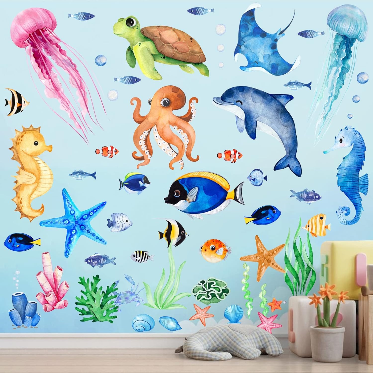 4 Sheets Ocean Fish Wall Decals Stickers for Kids Nursery Decor