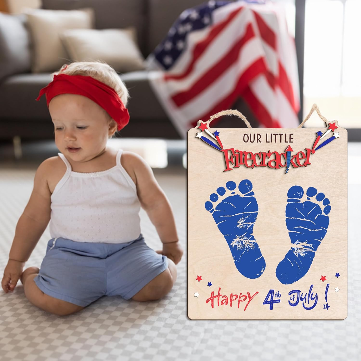Our Little Firecracker 4th of July Footprint Decor Sign