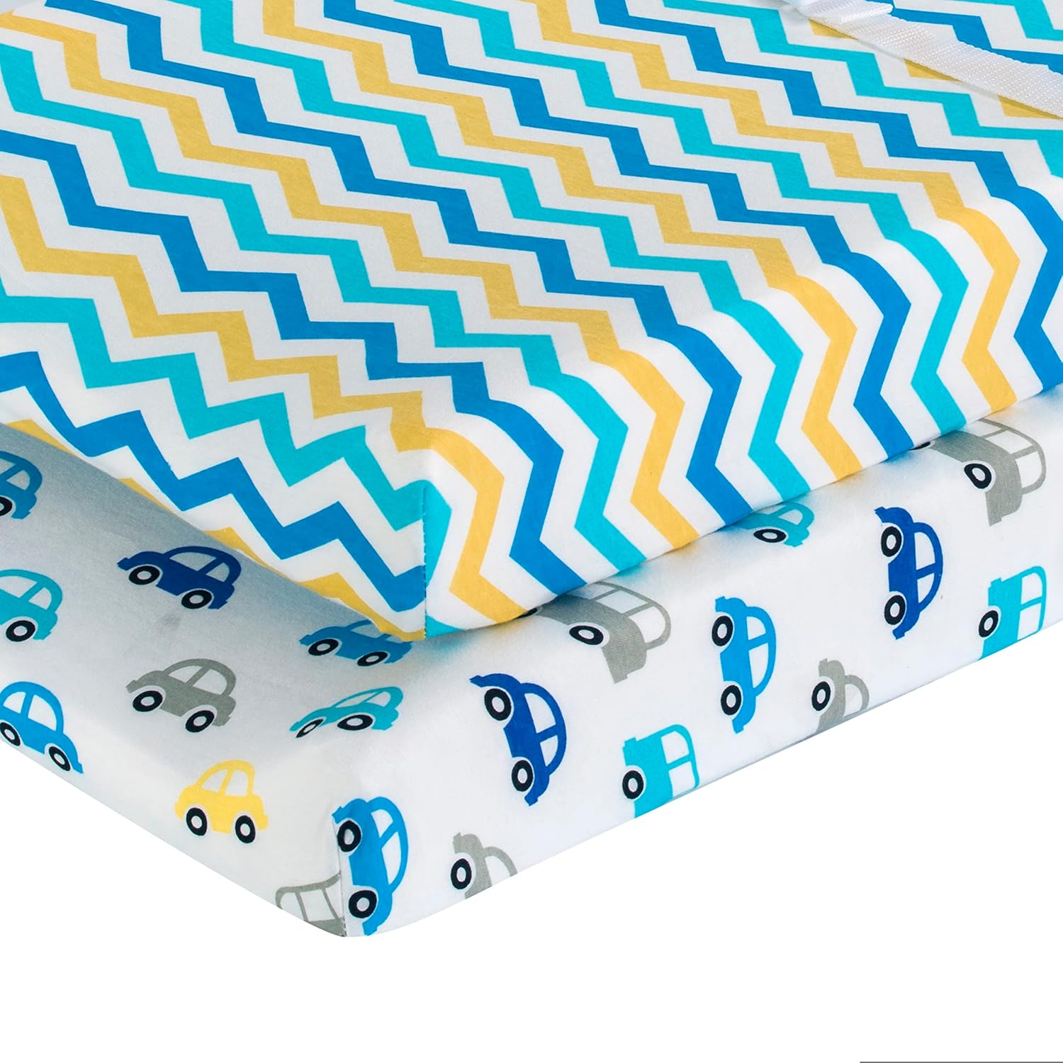 Everyday Kids 2 Pack Baby Changing Pad Covers for Boy - Yellow and Blue Cars Chevron Pattern