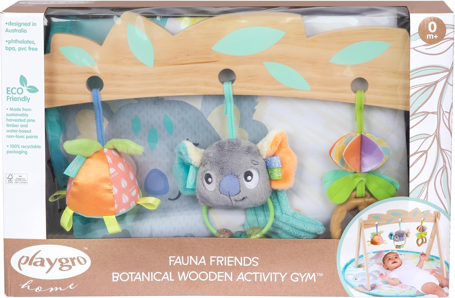 Playgro Fauna Friends Wooden Baby Gym with 3 Hanging Toys