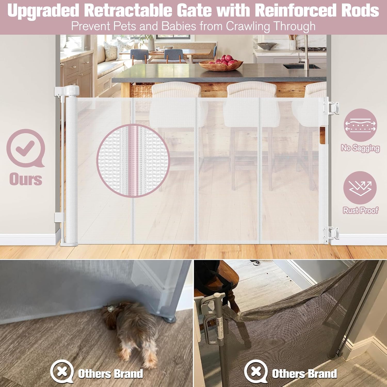 56 Inch Retractable Dog Gate with Reinforced Strip - White