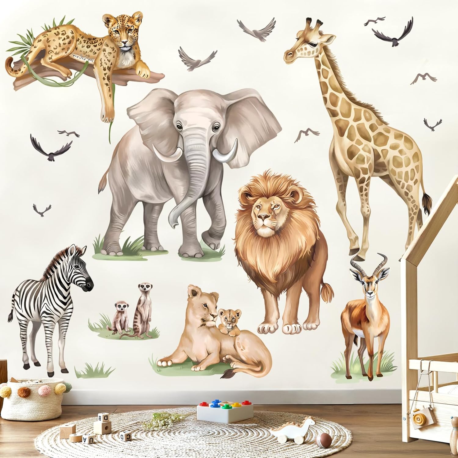 Wondever Safari Animals Wall Stickers Jungle Lion Leopard Giraffe Peel and Stick Art Decals for Kids Room
