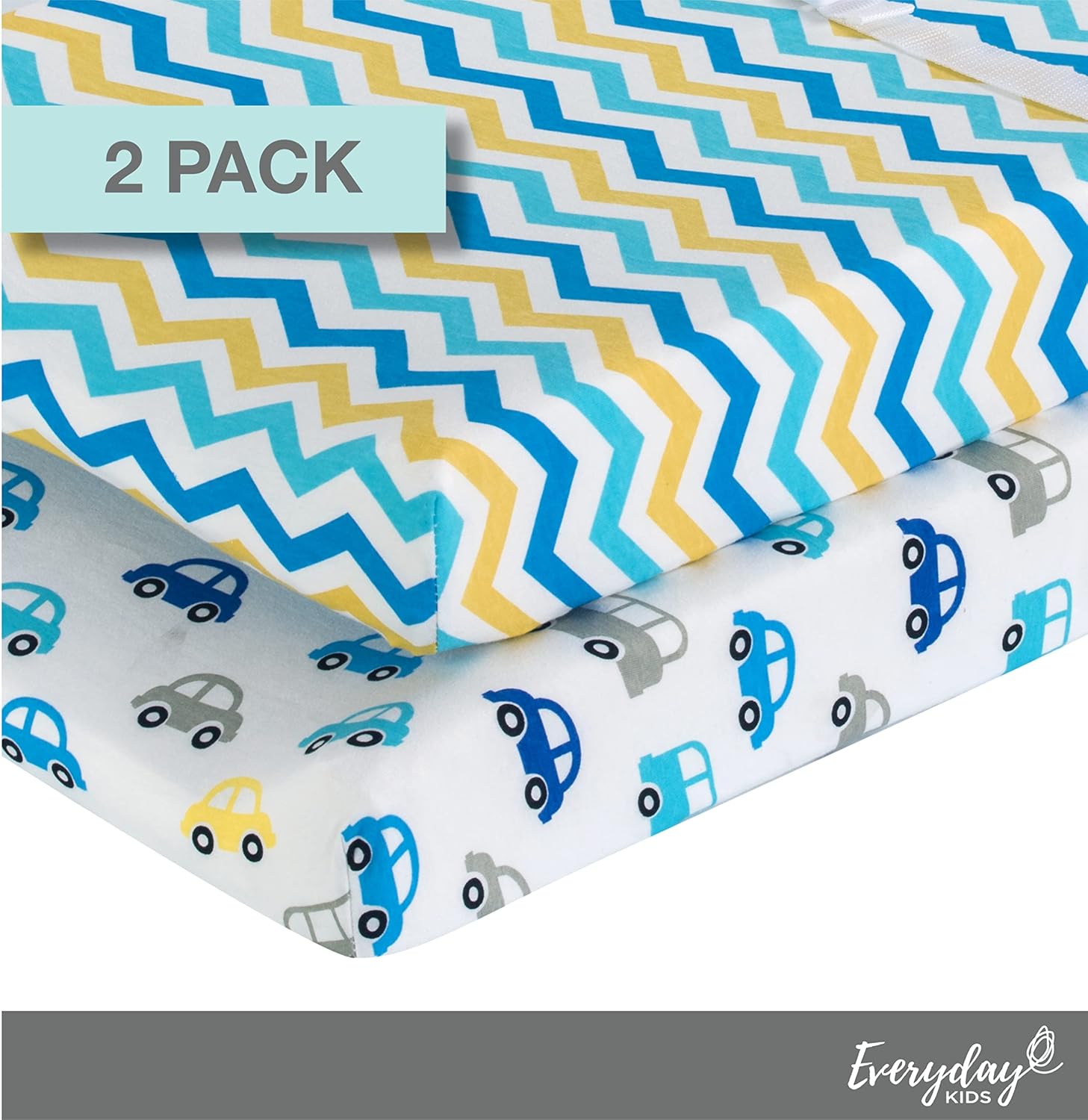 Everyday Kids 2 Pack Baby Changing Pad Covers for Boy - Yellow and Blue Cars Chevron Pattern