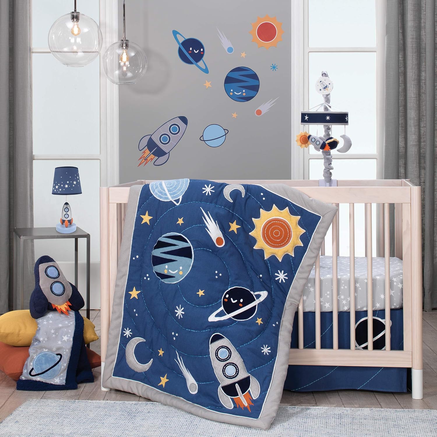 Lambs Ivy Milky Way Musical Crib Mobile - Blue Navy Gray Space Theme